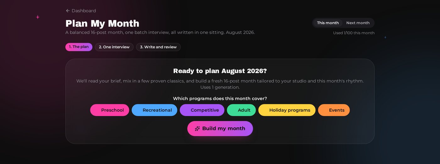The Plan My Month screen in DanceSocials AI, showing the program picker and the Build my month button