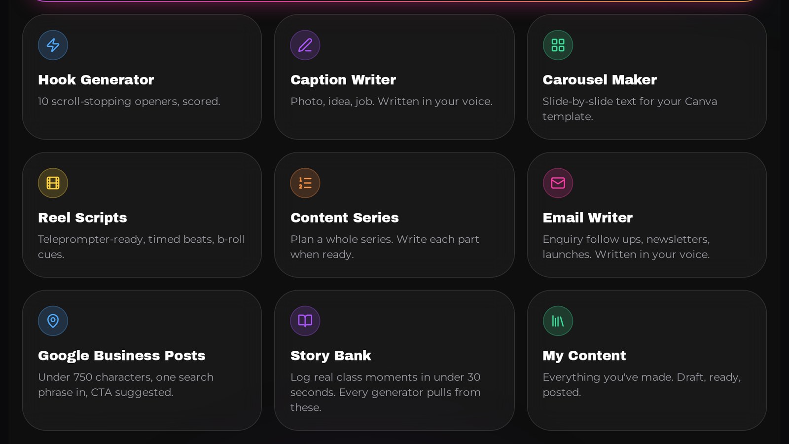 The nine DanceSocials AI tools laid out on the dashboard, including Hook Generator, Caption Writer and Reel Scripts
